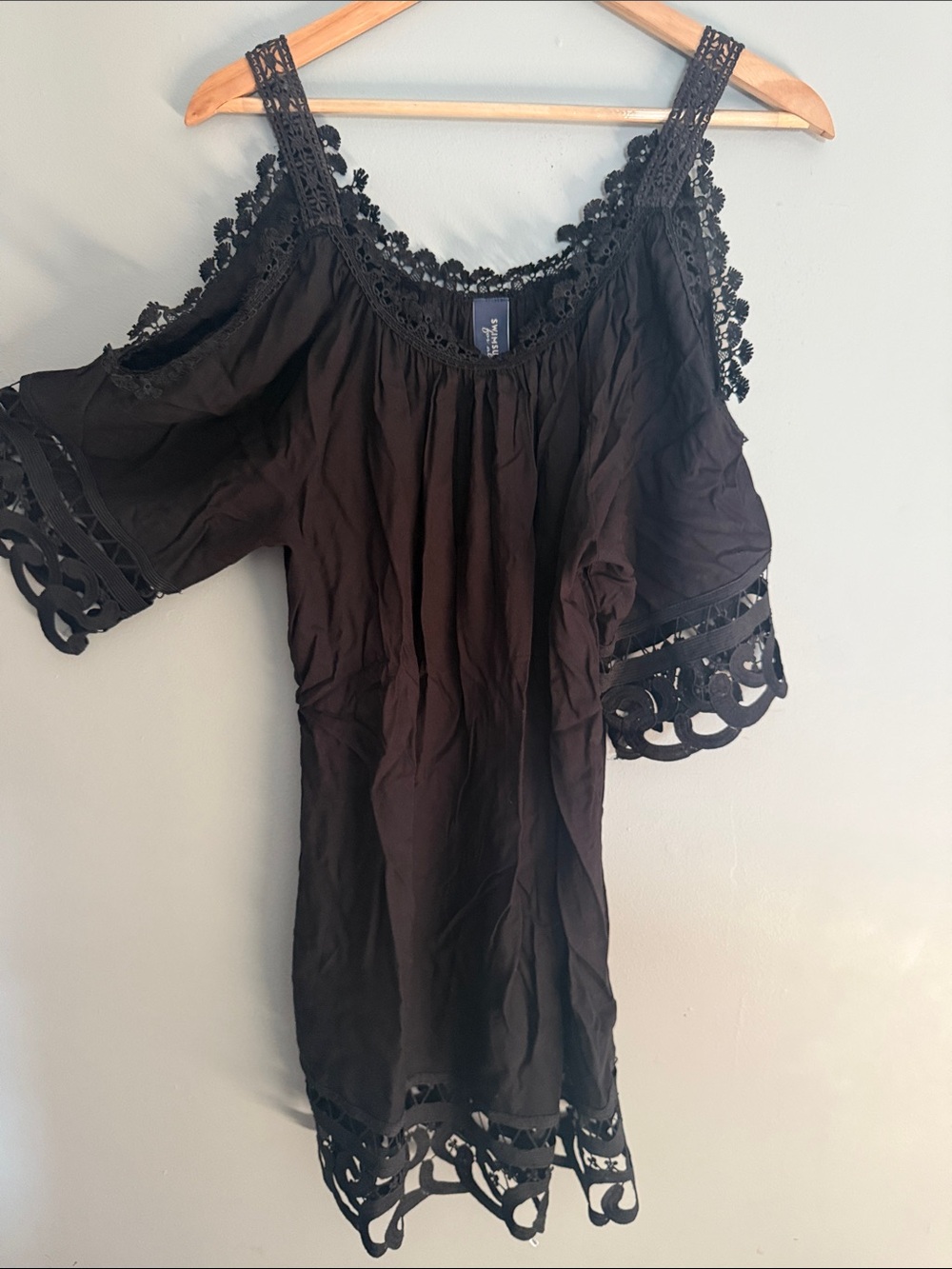 Swimsuits For All Black Cold-Shoulder Crochet-Trim Coverup